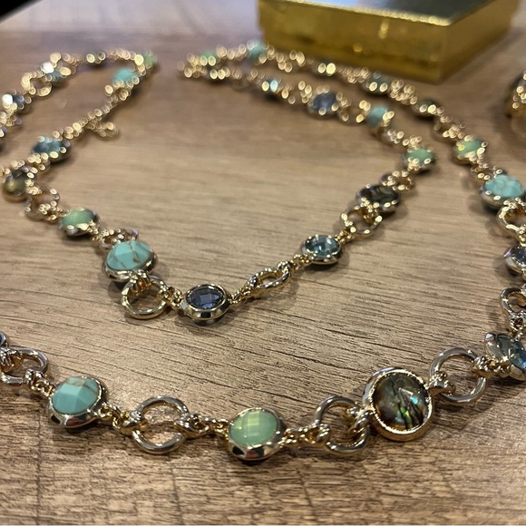 Gold Chain Necklace and Bracelet Set with Blue and Green Gems - Picture 3 of 10